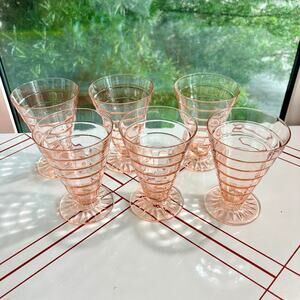 Hocking Block Optic Pink Depression Glass Vintage Footed Tumblers Set of 6